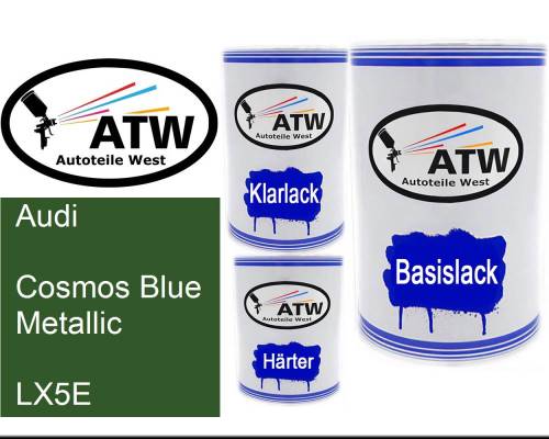 Audi, Cosmos Blue Metallic, LX5E: 500ml Lackdose + 500ml Klarlack + 250ml Härter - Set, von ATW Autoteile West.